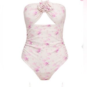 LoveShackFancy Didi One-Piece Floral Print Halter Swimsuit